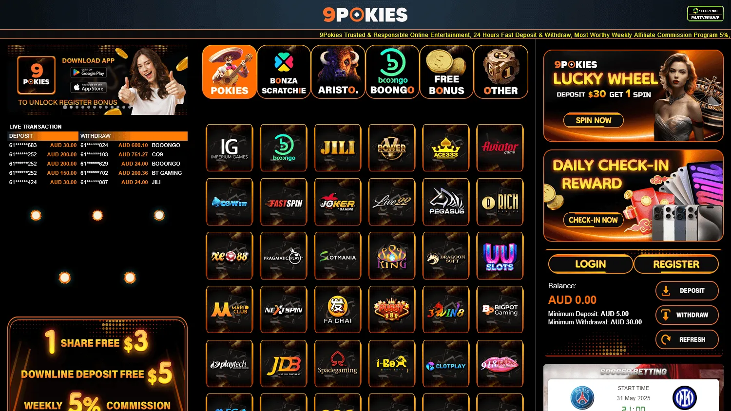 9pokies Casino desktop casino and betting selection