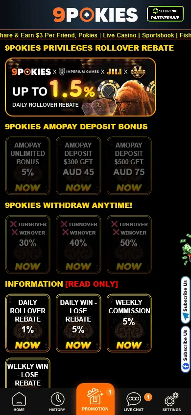 9pokies Casino mobile browser promotions area